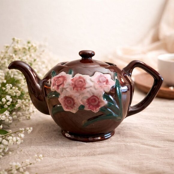 Other - Vintage Brown Floral Ceramic Teapot Made in Japan Raised Flower Design